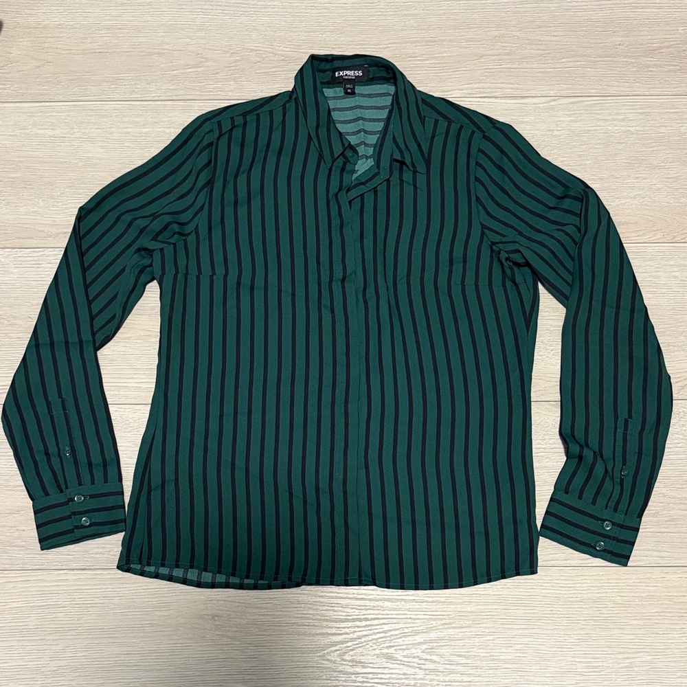 Express Women's Green Striped Button Down Shirt